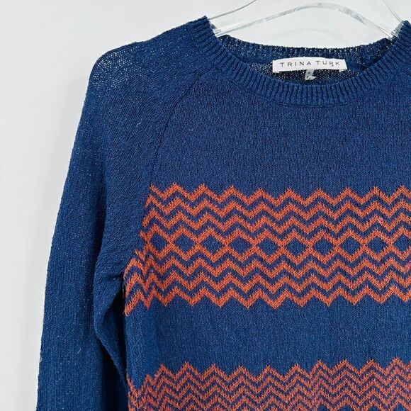 Trina Turk Sz Small Navy Blue Orange Chevron Print Long Sleeve Thin Knit Sweater - Picture 4 of 7